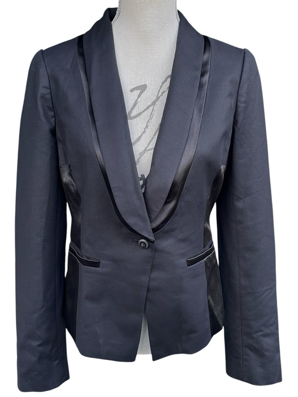 Elevenses (Anthropologie) Black Cotton Blend Satin Accents Short Blazer (10)